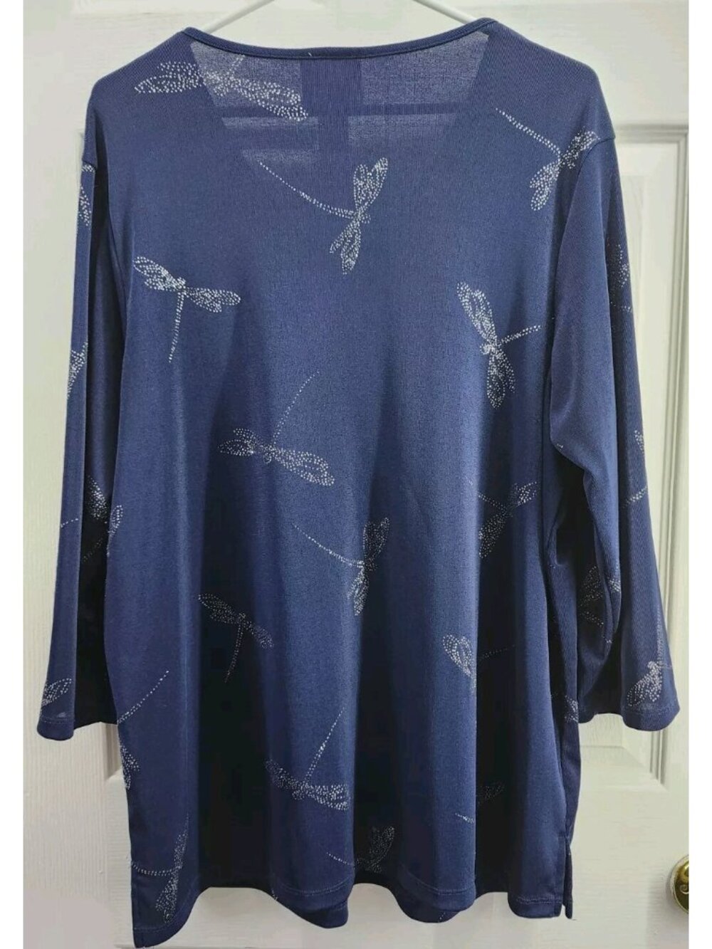 Quacker Factory Womens Navy with Silver Sequined Dragonfly Tunic XL - Picture 2 of 5
